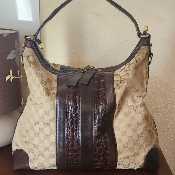 Gucci Beige Canvas Brown Leather Crocodile Secret Hobo - Picture 2 of 14